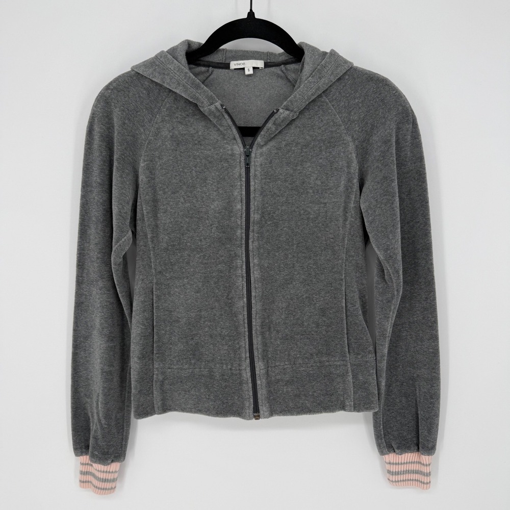 VINCE VELOUR TERRY FULL ZIP HOODIE GREY PINK ELASTIC HEM CUFFS SMALL